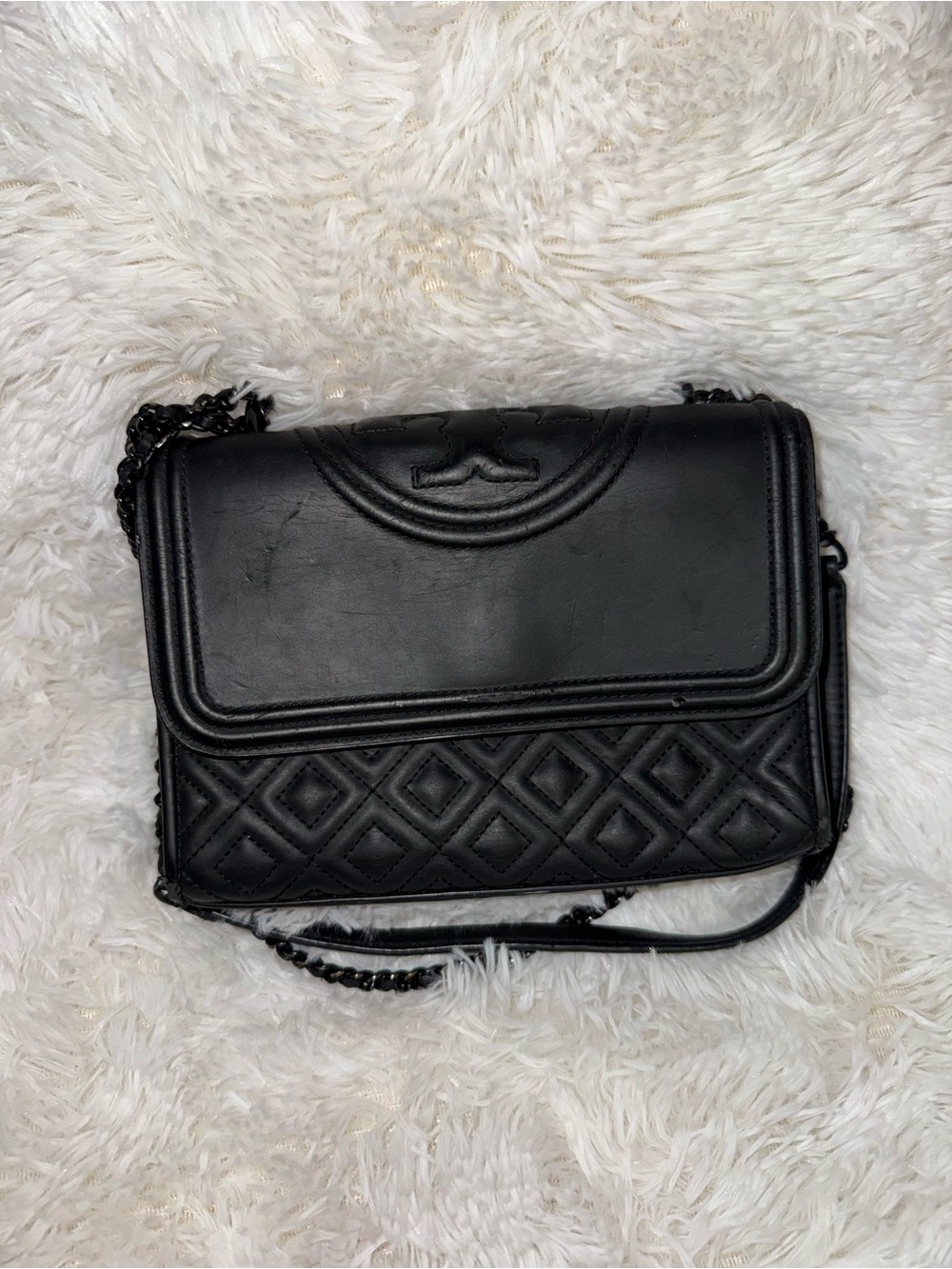 Tory Burch Fleming Black Matte Leather Convertible Shoulder Crossbody Bag